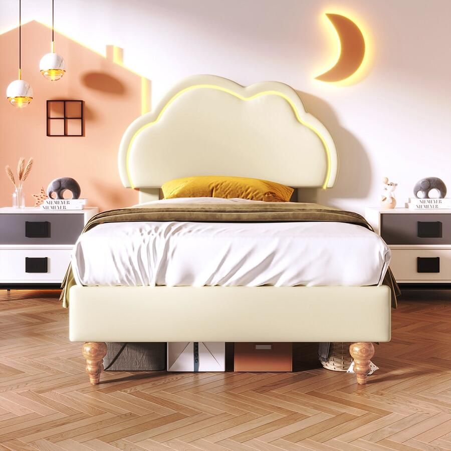 KOMHTOM LED-kinderbed Eenpersoonsbed 90x200 cm Bed met lattenbodem en verstelbaar PU crème Hoofdbord wolk