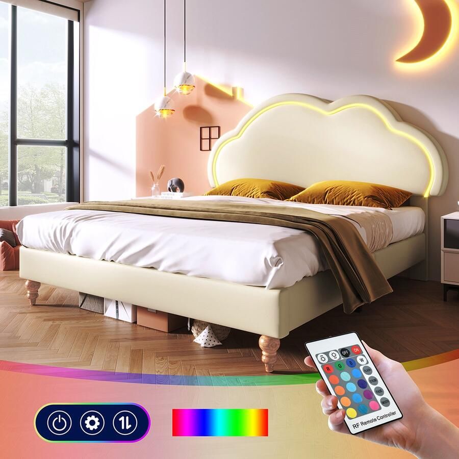 KOMHTOM LED-kinderbed Tweepersoonsbed 140x200 cm Bed met lattenbodem en verstelbaar PU crème Hoofdbord wolk