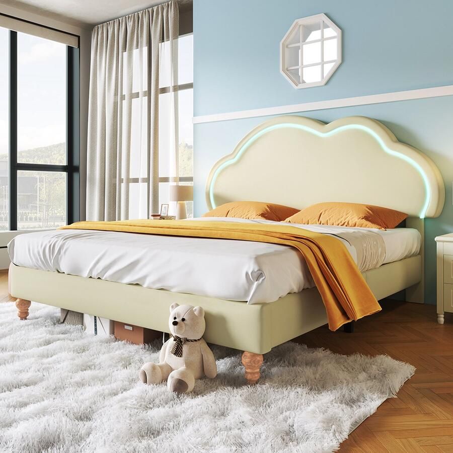 KOMHTOM LED-kinderbed Tweepersoonsbed 160x200 cm Bed met lattenbodem en verstelbaar PU crème Hoofdbord wolk