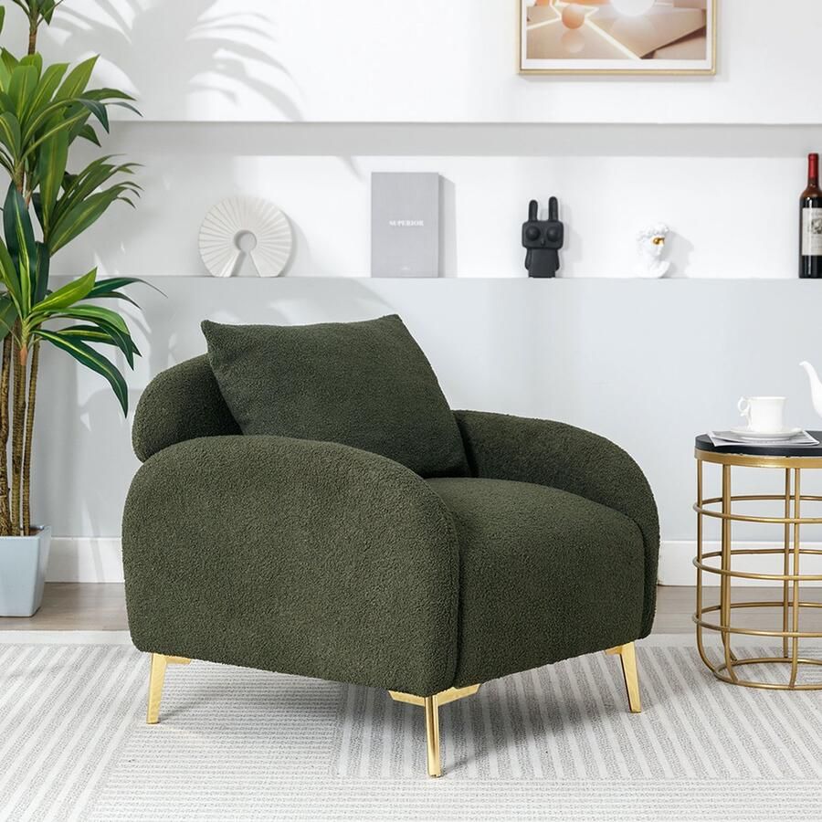 KOMHTOM Loveseat Bank Fauteuil Chair Teddy Moderne en sobere fauteuil in stof met Groen vergulde metalen poten