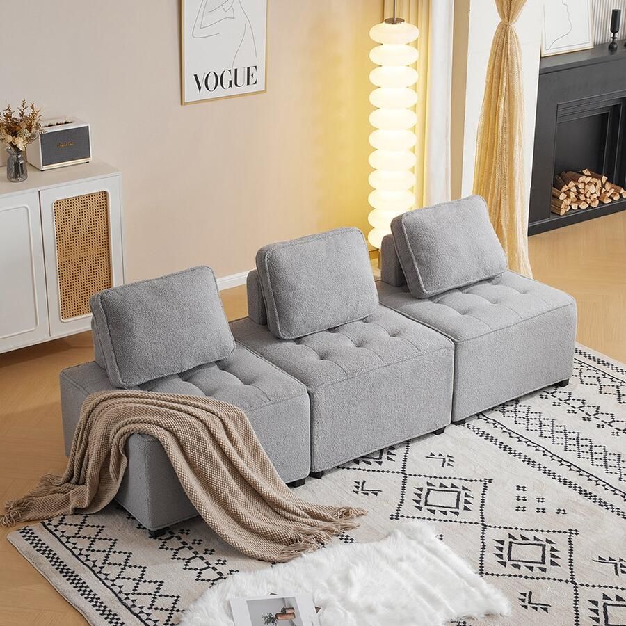 KOMHTOM Loveseat Individuele rechte bank modulaire bank 3 persoons gesplitste bank Teddy fleece Grijs