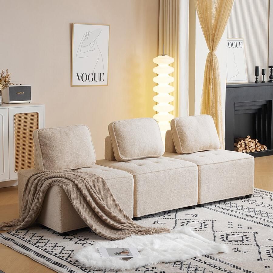 KOMHTOM Loveseat Individuele rechte bank modulaire bank 3 persoons gesplitste bank Teddy fleece Beige