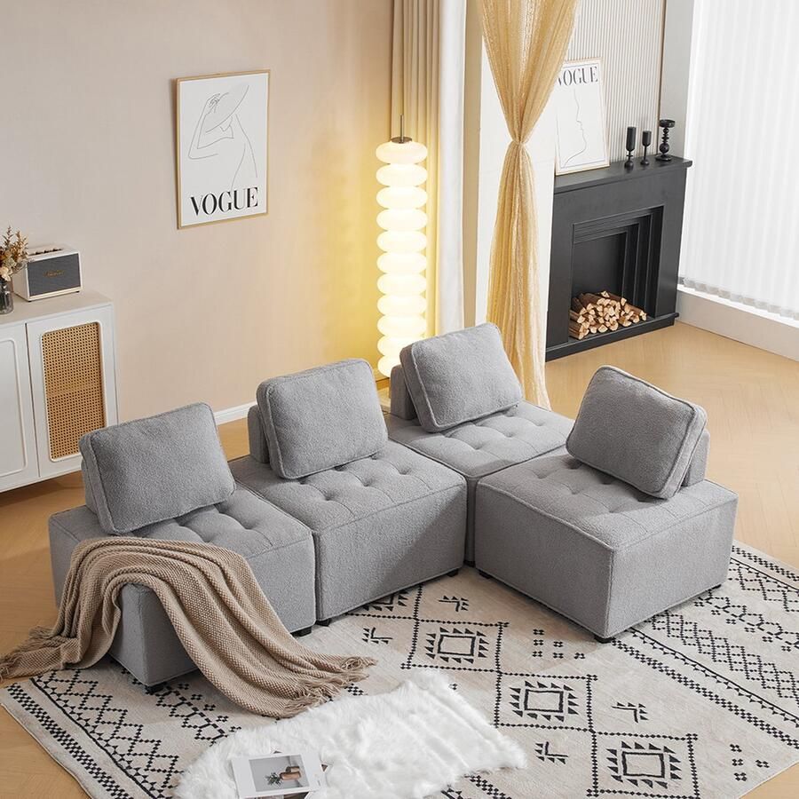 KOMHTOM Loveseat Individuele rechte bank modulaire bank 4 persoons gesplitste bank Teddy fleece Grijs
