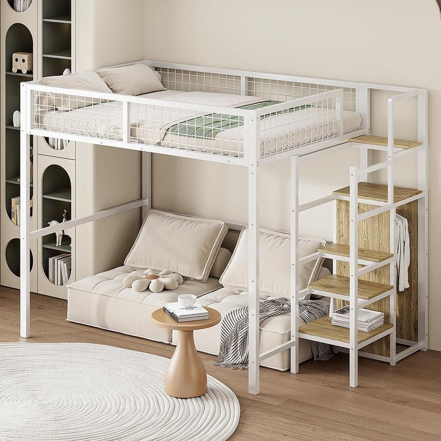 KOMHTOM Mezzaninebed 140x200 cm met ladder dubbel kinderbed met ijzeren frame en opberg plank kast wit