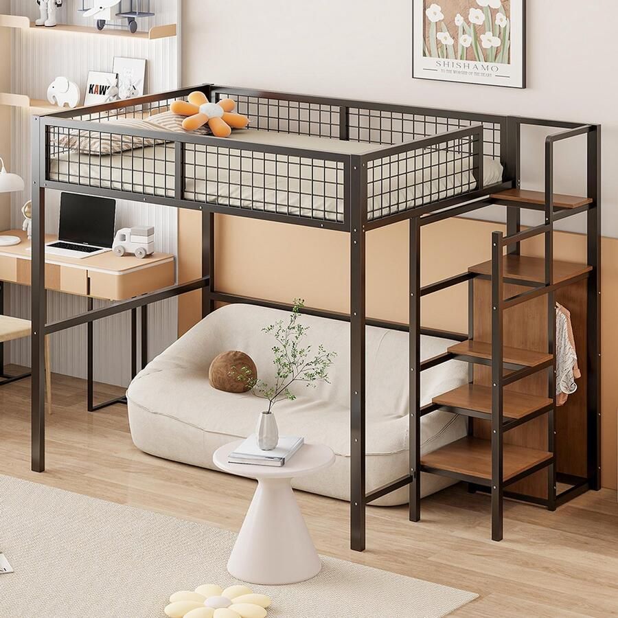 KOMHTOM Mezzaninebed 140x200 cm met ladder dubbel kinderbed met ijzeren frame en opberg plank kast zwart