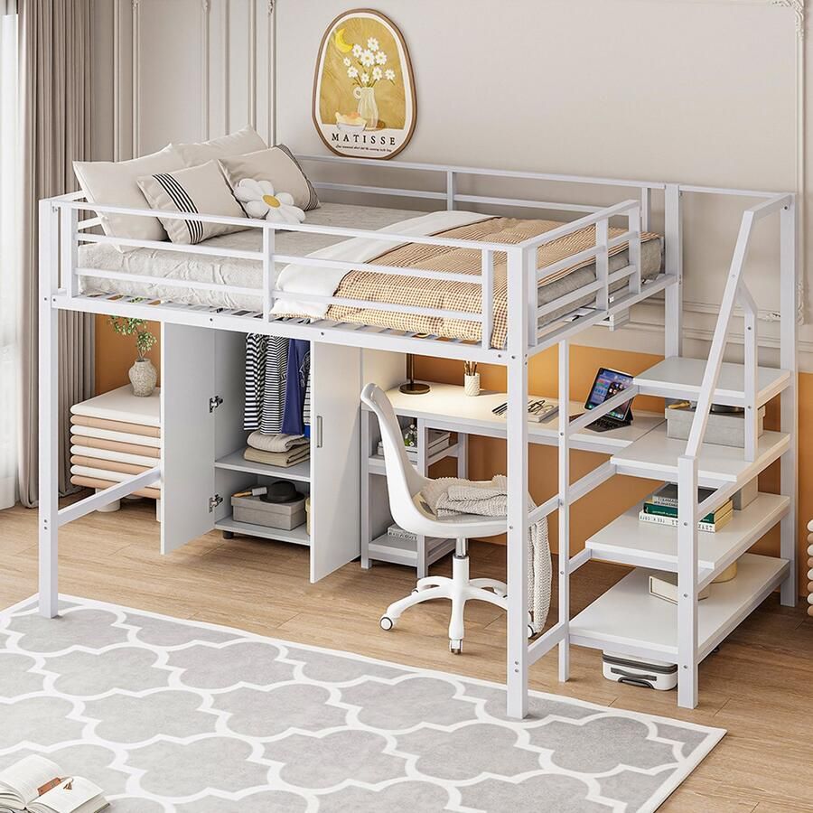 KOMHTOM Mezzaninebed Kinderbed 140x200 cm met kast planken opberg ladder bureau wit