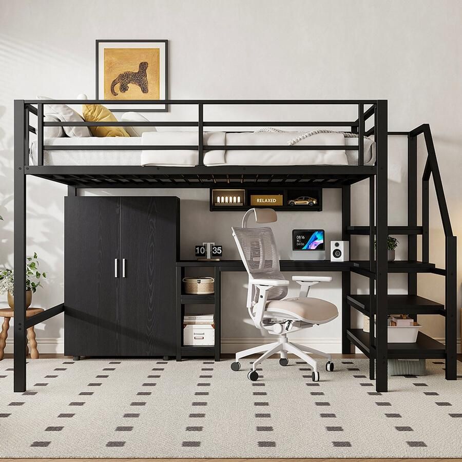 KOMHTOM Mezzaninebed Kinderbed 140x200 cm met kast planken opberg ladder bureau zwart