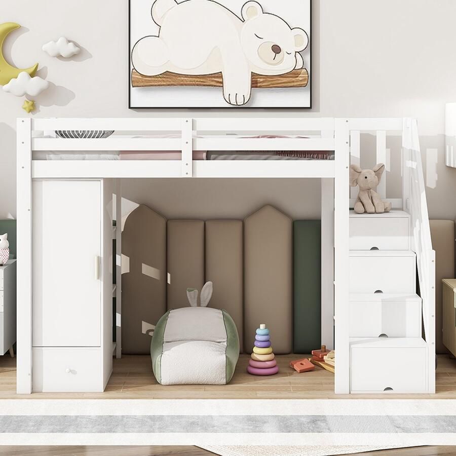 KOMHTOM Mezzaninebed Kinderbed 90x200 cm met veiligheidshek intrekbare ladder lades kast meerdere planken wit