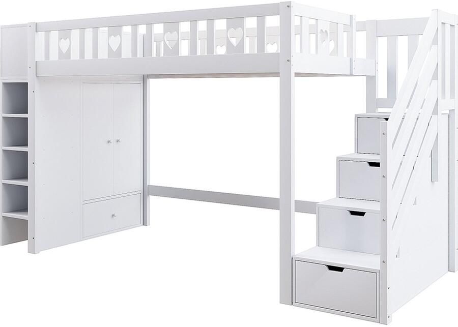 KOMHTOM Mezzaninebed Kinderbed 90x200 cm opberg ladder planken opvouwbare kast vrije ruimte onder het bed wit