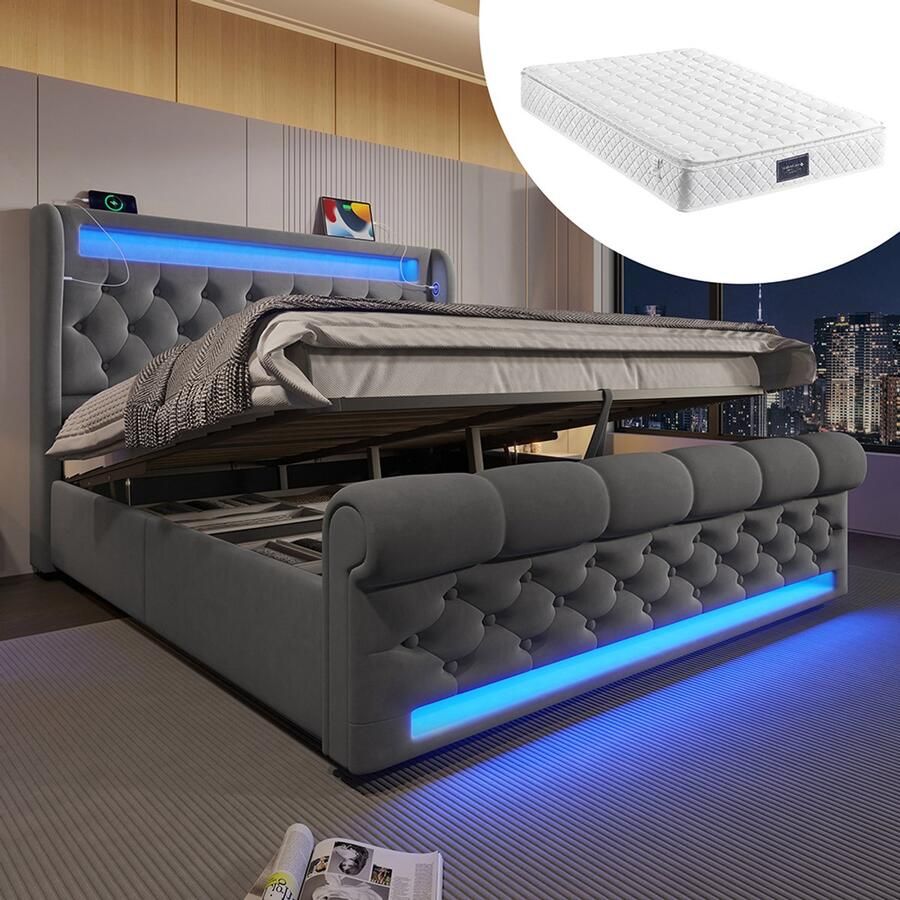 KOMHTOM Modern gestoffeerd tweepersoonsbed 140x200cm gestoffeerd bed met led-verlichting hoofdeinde met opbergruimte en USB- en Type-C-poorten bed met hydraulische opbergruimte grijs fluweel (met matras)
