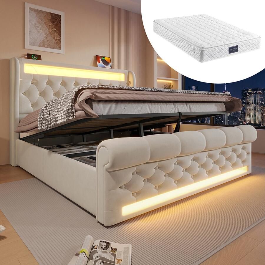 KOMHTOM Modern gestoffeerd tweepersoonsbed 140 x 200 cm gestoffeerd bed met ledlampjes hoofdeinde met opbergruimte en USB- en Type-C-poorten bed met hydraulische opbergruimte grijs fluweel (met matras)
