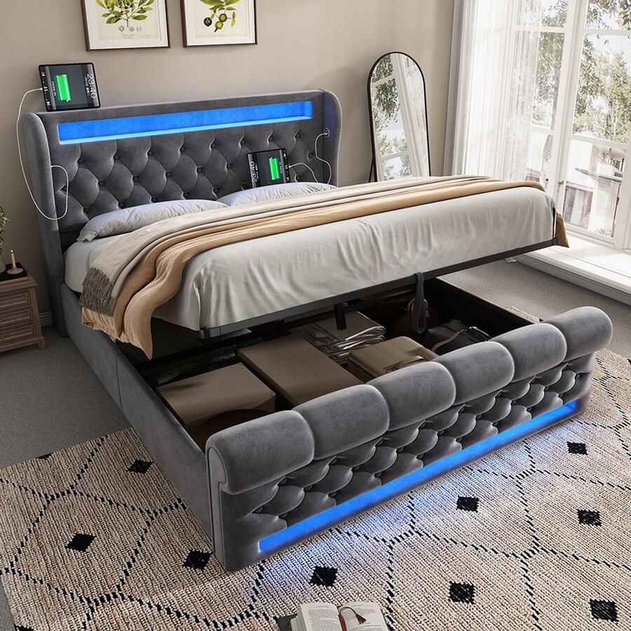 KOMHTOM Modern gestoffeerd tweepersoonsbed 140 x 200 cm gestoffeerd bed met ledverlichting hoofdeinde met opbergruimte en USB- en Type-C-poorten bed met hydraulische opbergruimte grijs fluweel (zonder matras)