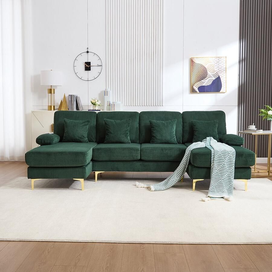 KOMHTOM Moderne hoekbank met sfeerverlichting via led en USB-C-poort. Frame van massief hout 4 luxe kussens en ergonomische rugleuning van topkwaliteit voor maximaal comfort donkergroen