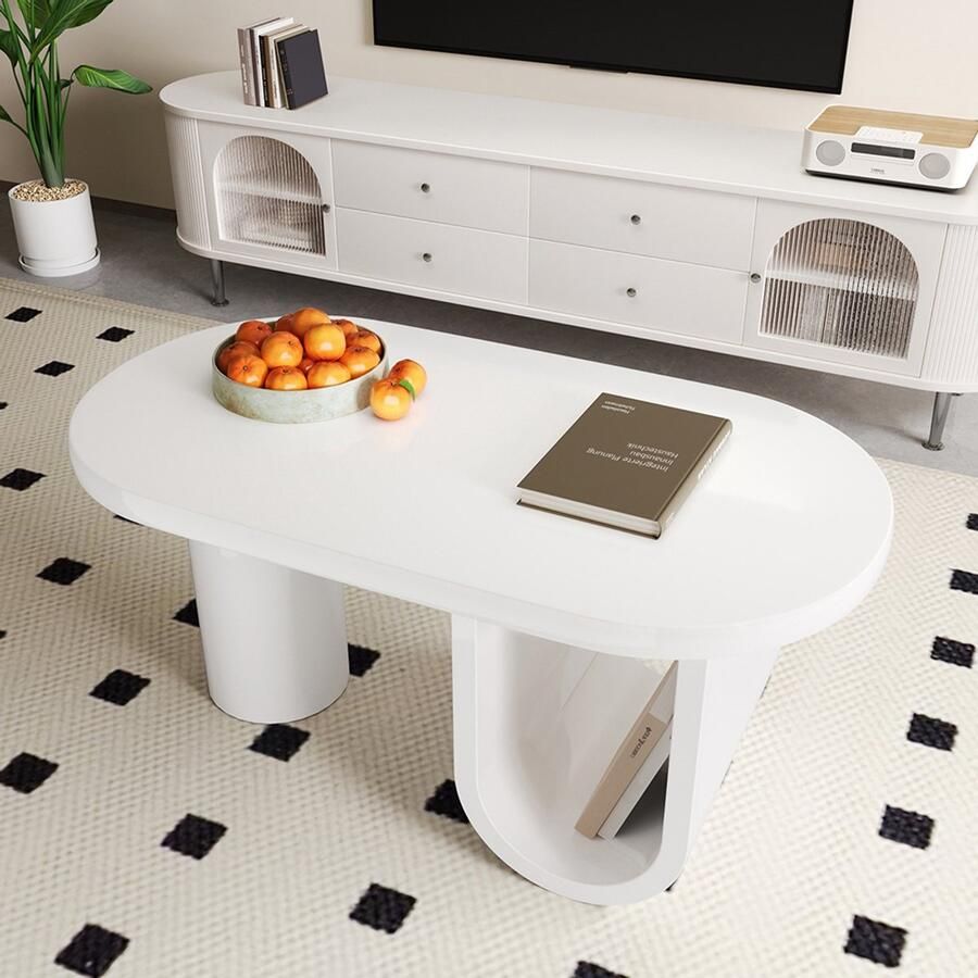 KOMHTOM Moderne ovale salontafel in witsalontafel – eenvoudig ontwerpstabiele U-potenonderhoudsvriendelijk oppervlakperfect voor de woonkamerruime opbergruimteafmetingen: 98 5 x 53 5 x 42 cm