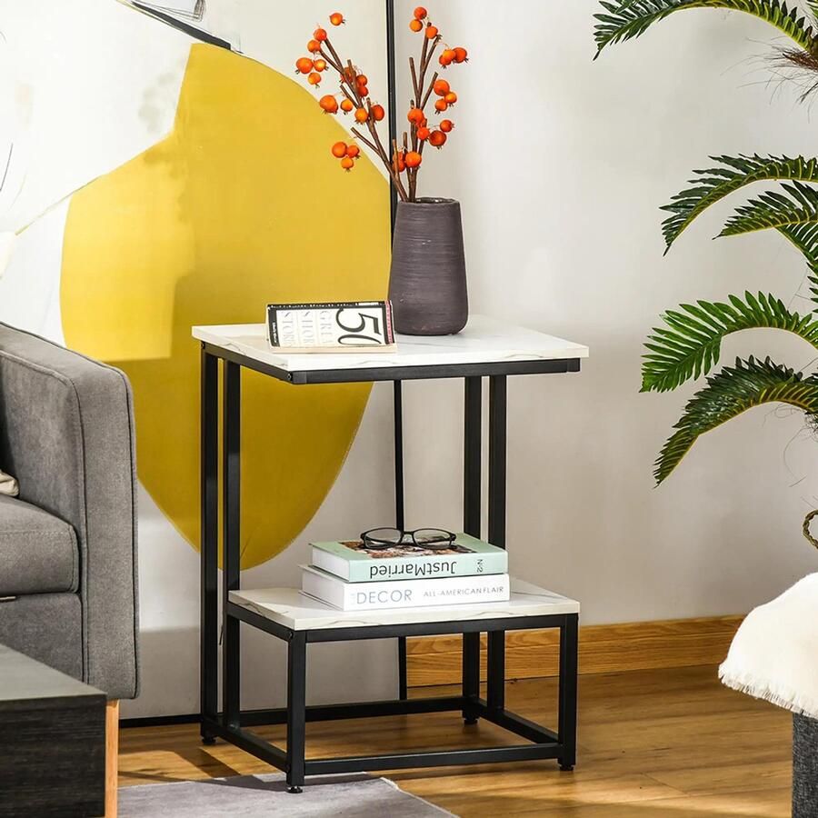 KOMHTOM Moderne salontafel bijzettafel voor de woonkamer of slaapkamer zwart stalen frame blad met marmerlook