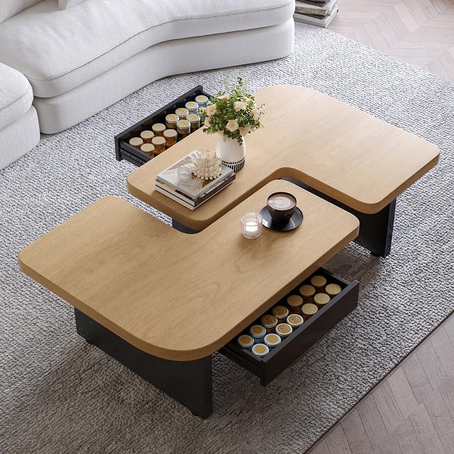 KOMHTOM Moderne salontafel met LED-design van milieuvriendelijk hout 2-in-1-design naar keuze te combineren design in natuurlijke houtkleur 2 lades zachte rondingen in hoogte verstelbare poten