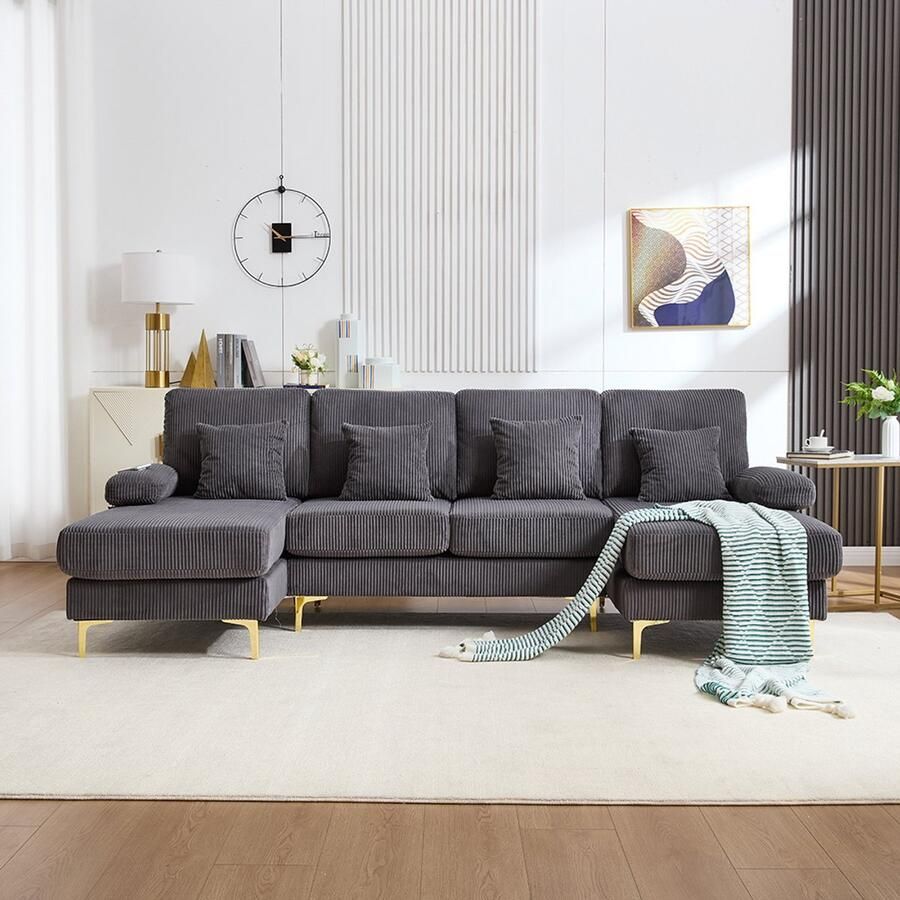 KOMHTOM Moderne U-bank met sfeerverlichting en USB-C-poort. Massief houten frame 4 luxe kussens en ergonomische rugleuning van topkwaliteit voor maximaal comfort grijs