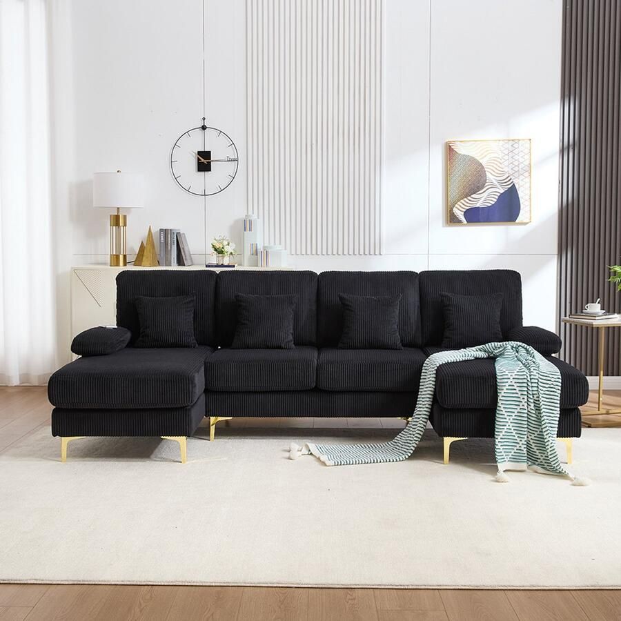 KOMHTOM Moderne U-bank met sfeerverlichting via led en USB-C-poort. Massief houten frame 4 luxe kussens en ergonomische rugleuning van topkwaliteit voor maximaal comfort zwart