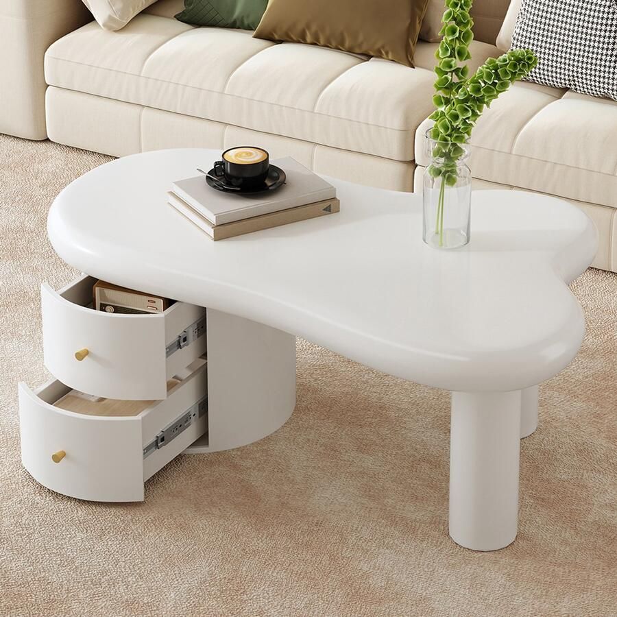 KOMHTOM Moderne witte salontafel met onregelmatige vorm 2 ladesruimtebesparendelegantstabiel ideaal voor de woonkamer en voor doeleinden