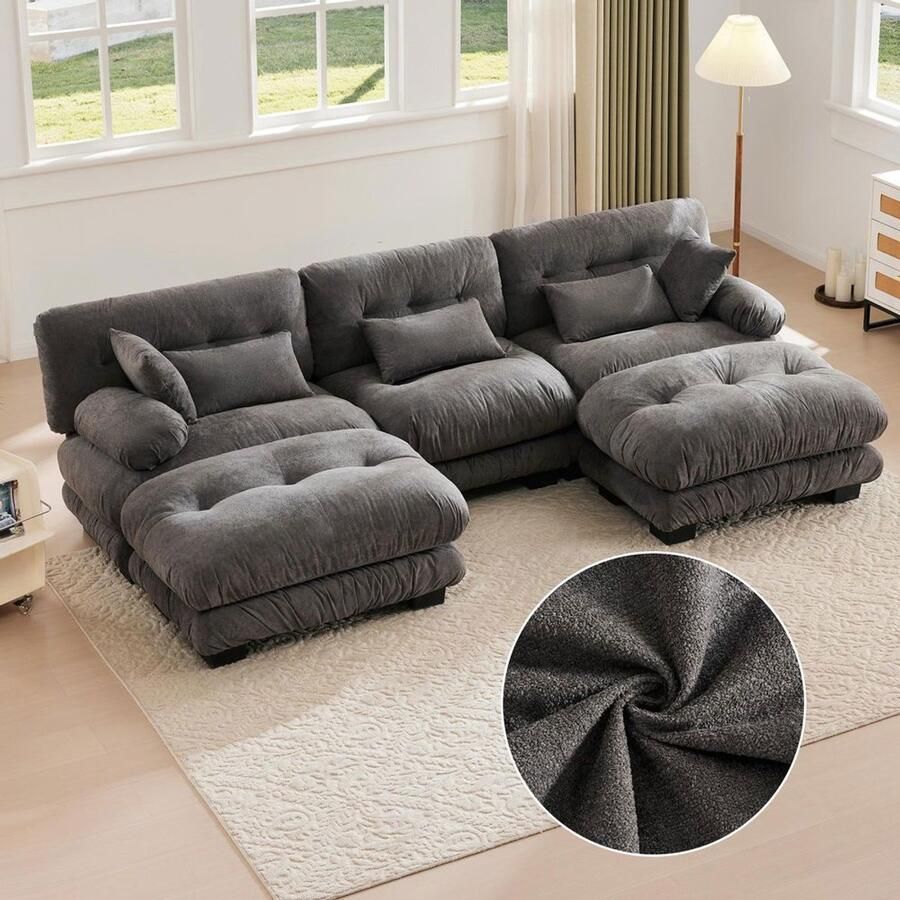 KOMHTOM Modulaire bank comfortabele hoekbank extra brede zitting fluweelstof en ergonomisch ontwerp grote 5-zitsbank 100% traagschuimvulling stevige constructie en comfortabele armleuningen