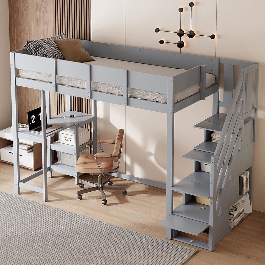KOMHTOM Multifunctioneel stapelbed met opbergruimte Hoogslaper met plank 90 x 200 cm bedframe van massief grenenhout met lattenbodem bed voor kinderen en tieners grijs