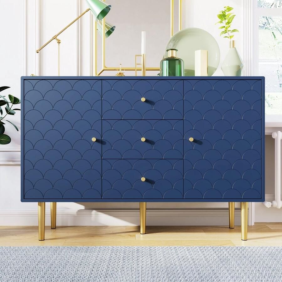 KOMHTOM Nachtkastje Salontafel Kast met 2 deuren en 3 laden met verstelbare planken voor woon- en slaapkamer marineblauw