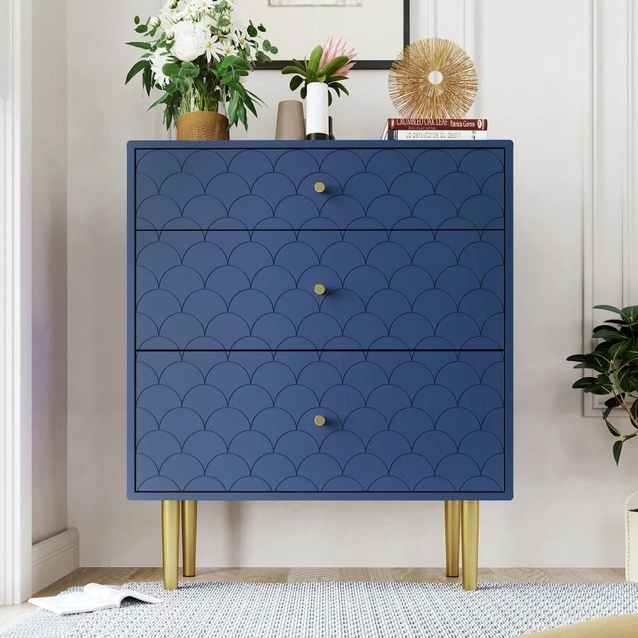 KOMHTOM Nachtkastje Salontafel met 3 laden voor slaapkamer marineblauw