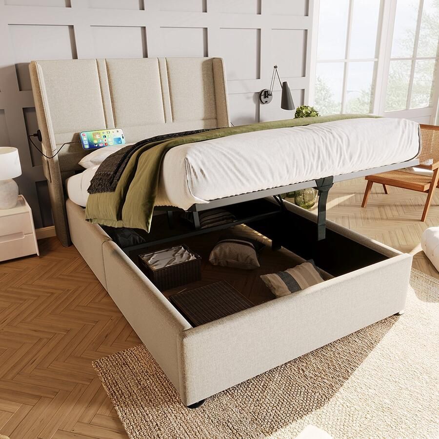 KOMHTOM Opbergbed Eenpersoonsbed voor volwassenen USB Typ-C Enkel bed 90x200 cm Linnen Beige
