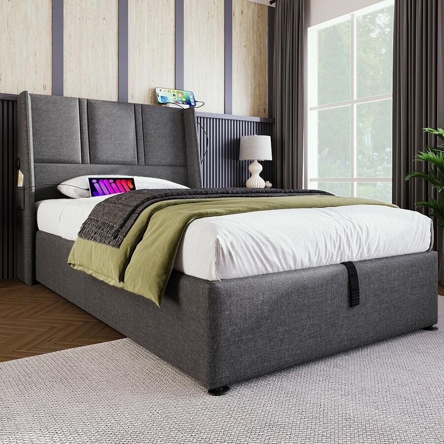 KOMHTOM Opbergbed Eenpersoonsbed voor volwassenen USB Typ-C Enkel bed 90x200 cm Linnen Grijs