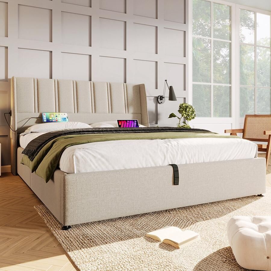KOMHTOM Opbergbed Tweepersoonsbed voor volwassenen USB Typ-C Dubbel bed 180x200 cm Linnen Beige