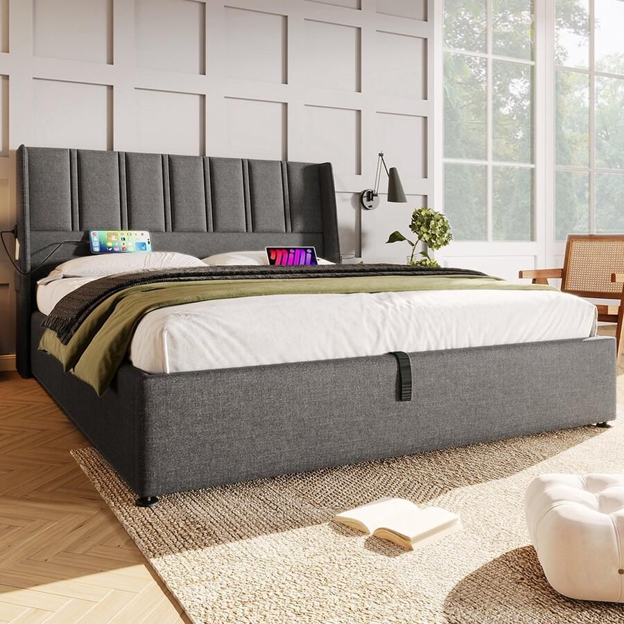 KOMHTOM Opbergbed Tweepersoonsbed voor volwassenen USB Typ-C Dubbel bed 140x200 cm Linnen Grijs