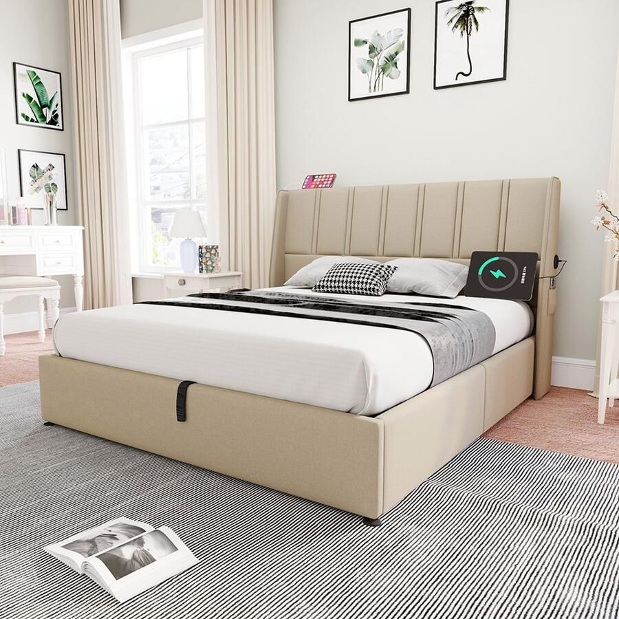 KOMHTOM Opbergbed Tweepersoonsbed voor volwassenen USB Typ-C Dubbel bed 160x200 cm Linnen Beige