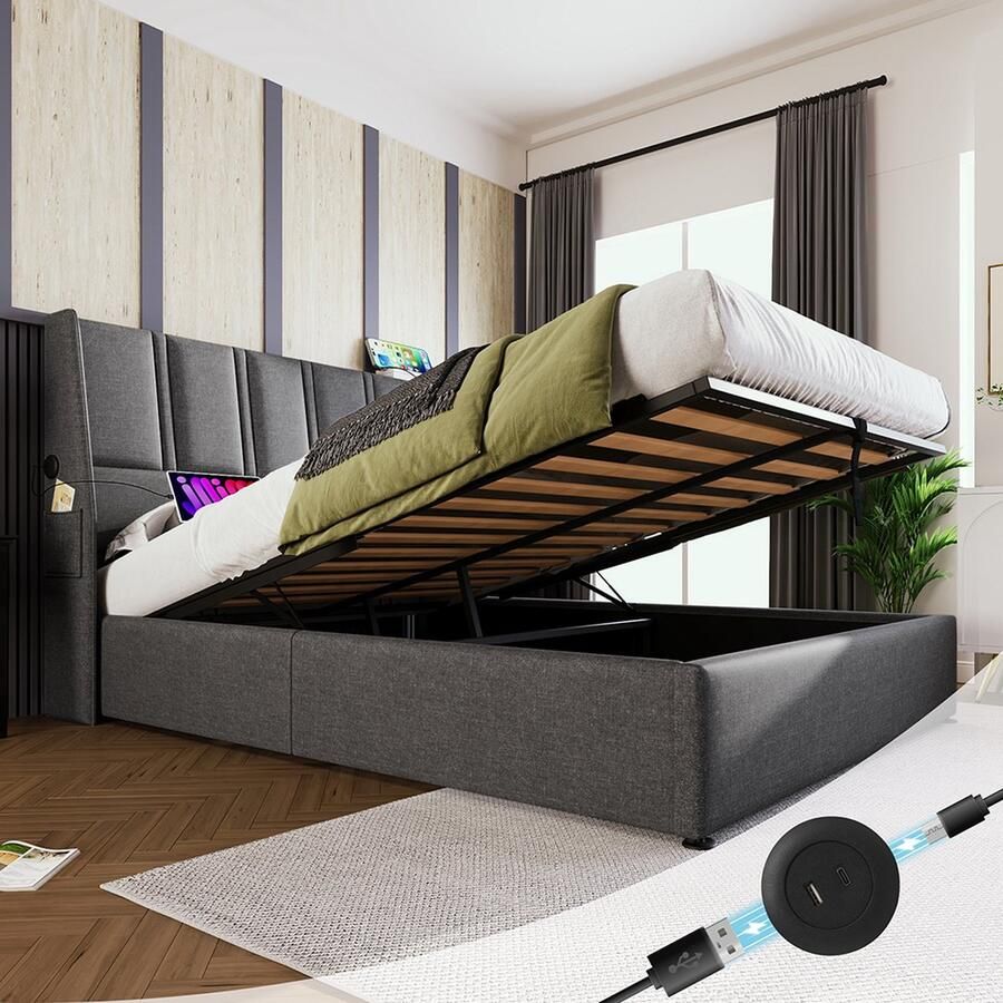 KOMHTOM Opbergbed Tweepersoonsbed voor volwassenen USB Typ-C Dubbel bed 160x200 cm Linnen Grijs