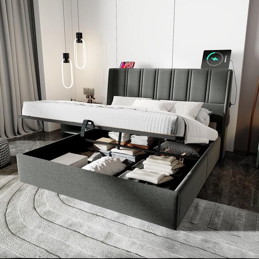 KOMHTOM Opbergbed Tweepersoonsbed voor volwassenen USB Typ-C Dubbel bed 180x200 cm Linnen Grijs