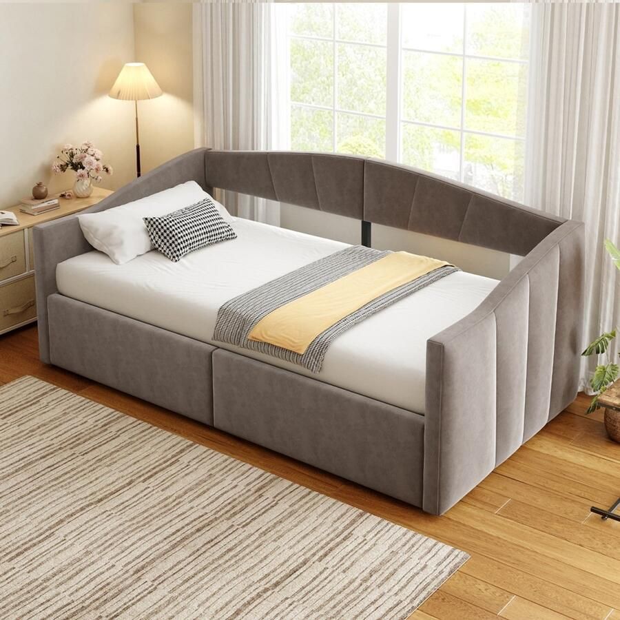 Pugsdrly Opklapbed 90*200 cm met hydraulische vering lattenbodem en armleuningen klassieke strepen multifunctioneel eenpersoonsbed huidvriendelijke fluweelstof grijs