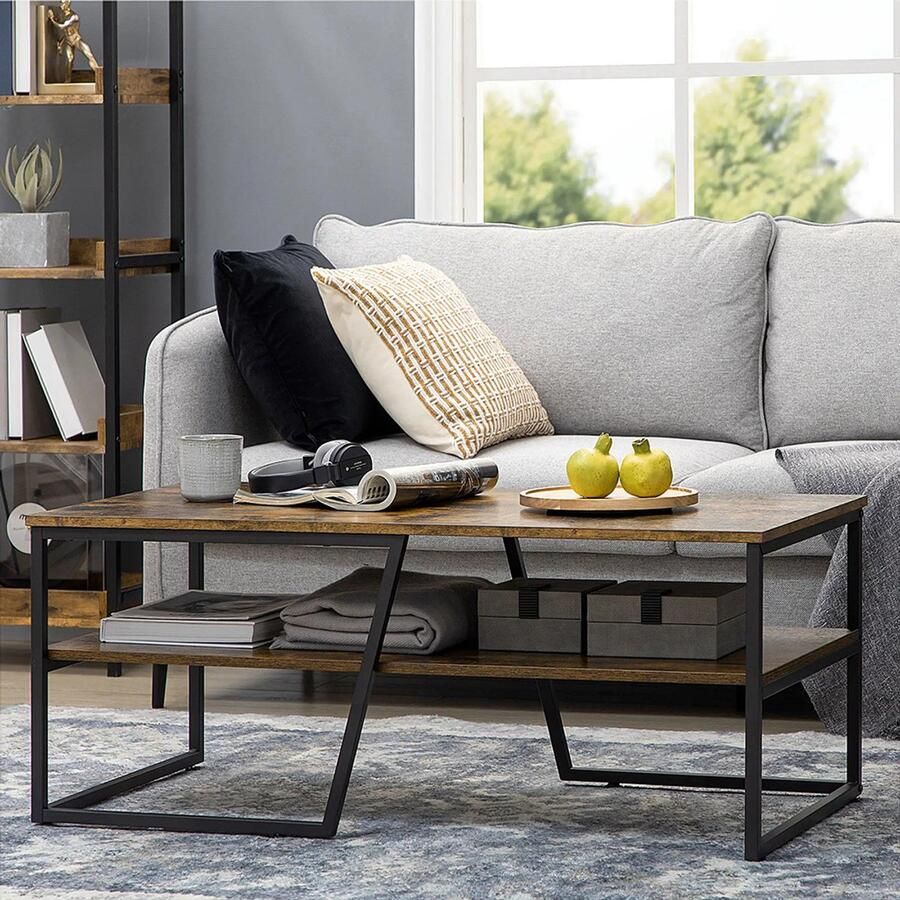 KOMHTOM Rechthoekige salontafel in industriële stijl met 1 tafelblad en 1 opbergplank van metaal 106 x 55 x 45 cm