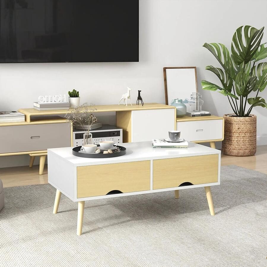 KOMHTOM Rechthoekige salontafel met 2 lades en 1 open vak 90 x 48 x 39 cm wit en naturel