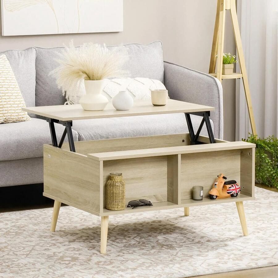 KOMHTOM Rechthoekige salontafel met opklapbaar blad 2 opbergvakken en houten kist afm. 85 L x 60 B x 595 H cm licht hout