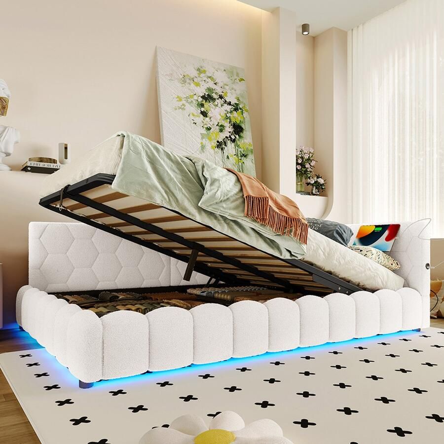 KOMHTOM Rustbed 140*200 cm Rustbed slaapbank bed met lattenbodem (zonder matras) met LED-lichtstrip met hydraulisch hefmechanisme USB-aansluiting type C comfortabel materiaal imitatiepool wit