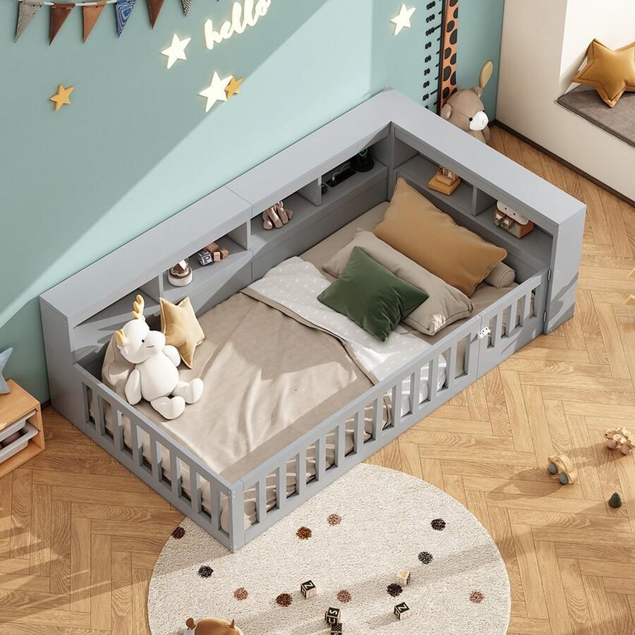 KOMHTOM Rustbed 90*200 cm dagbed slaapbank bedzijde met opbergvak bed met lattenbodem (zonder matras) balustrade spaanplaat met stopcontact en USB-poort grijs