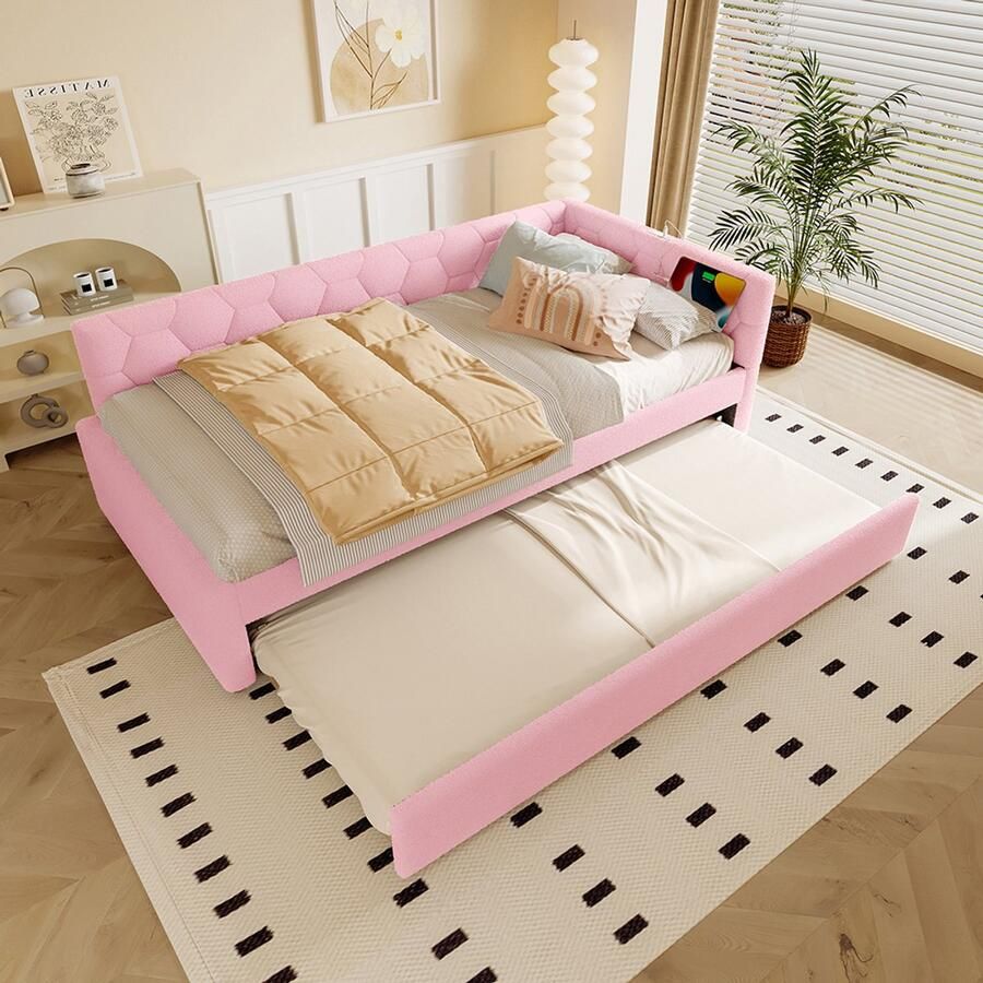 KOMHTOM Rustbed 90*200 cm Rustbed slaapbank bed met lattenbodem (zonder matras) met bedlampje met multifunctioneel uitschuifbed USB-poort type C comfortabel materiaal imitatiepool roze