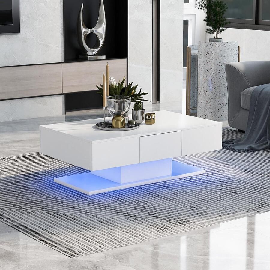 KOMHTOM Salon met 2 laden Thee glanzende banken Bureau Salon Moderne salontafel met witte laden Grote salontafel Glanzende bank Tafel 100 cm