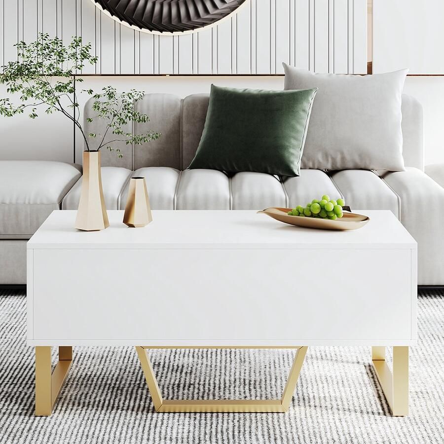 KOMHTOM Salontafel Bijzettafel met 2 lades glanzend gouden poten en handgrepen 2 kastdeuren wit