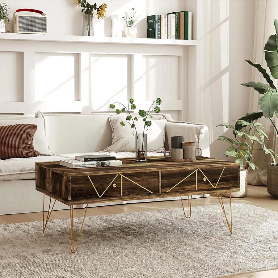 KOMHTOM Salontafel met blad en 2 lades elegant luxe design decoratie met handgeschilderde gouden lijnen bruin