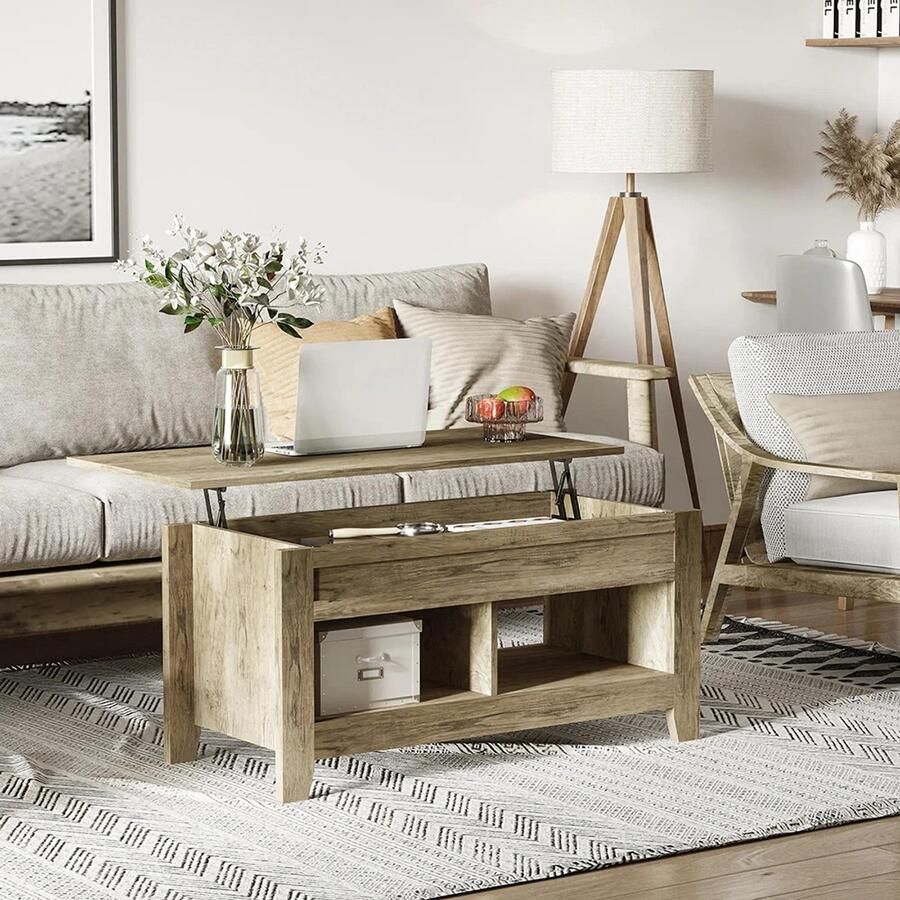 KOMHTOM Salontafel met opklapbaar blad planken en verborgen opbergvak 105 x 50 x 49-625 cm voor woonkamer of slaapkamer eikenhout