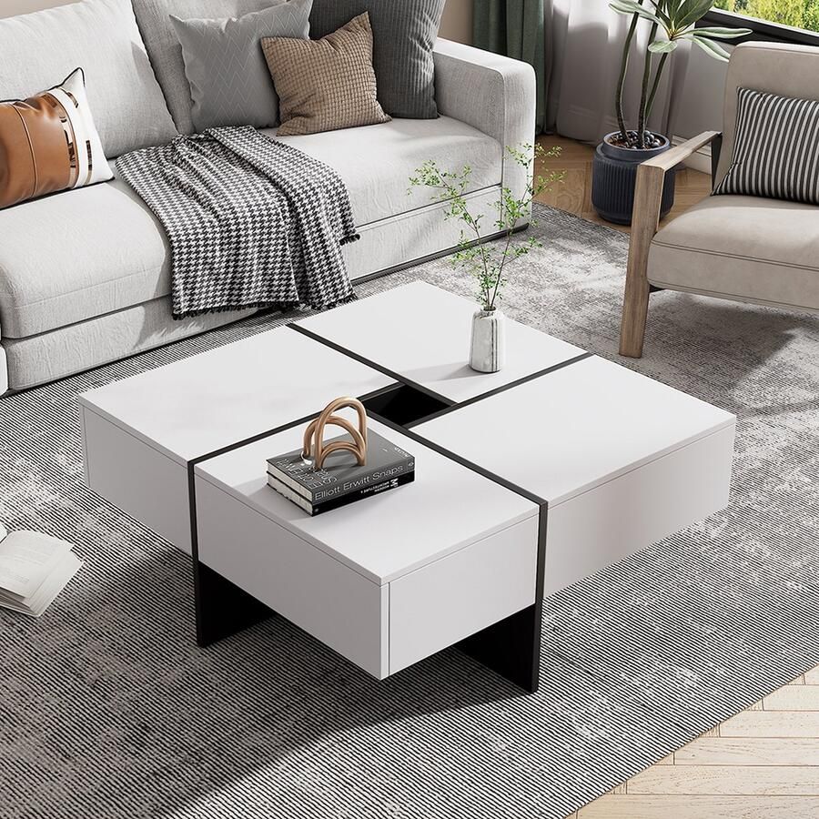KOMHTOM Salontafel Moderne Vierkante Tafel met centraal opbergvak 10x10 cm wit