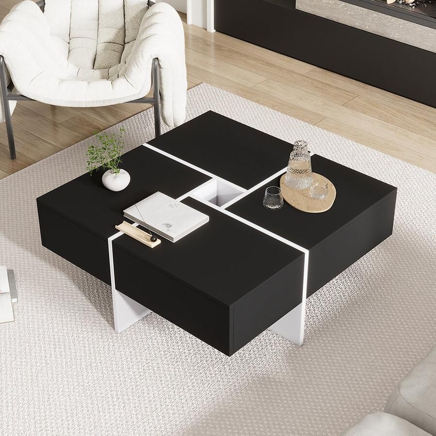 KOMHTOM Salontafel Moderne Vierkante Tafel met centraal opbergvak 10x10 cm zwart