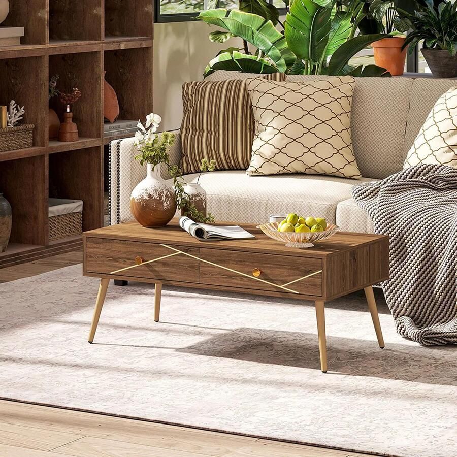 KOMHTOM Salontafel rechthoekig groot tafelblad 2 lades taps toelopende poten 100 x 50 x 41 cm bruin