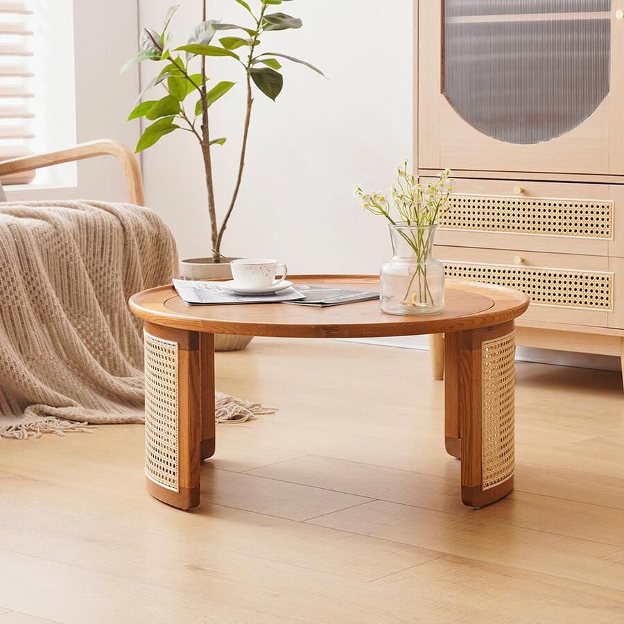 KOMHTOM Salontafel Ronde massief houten tafel diameter 70 cm in eiken met rotan details