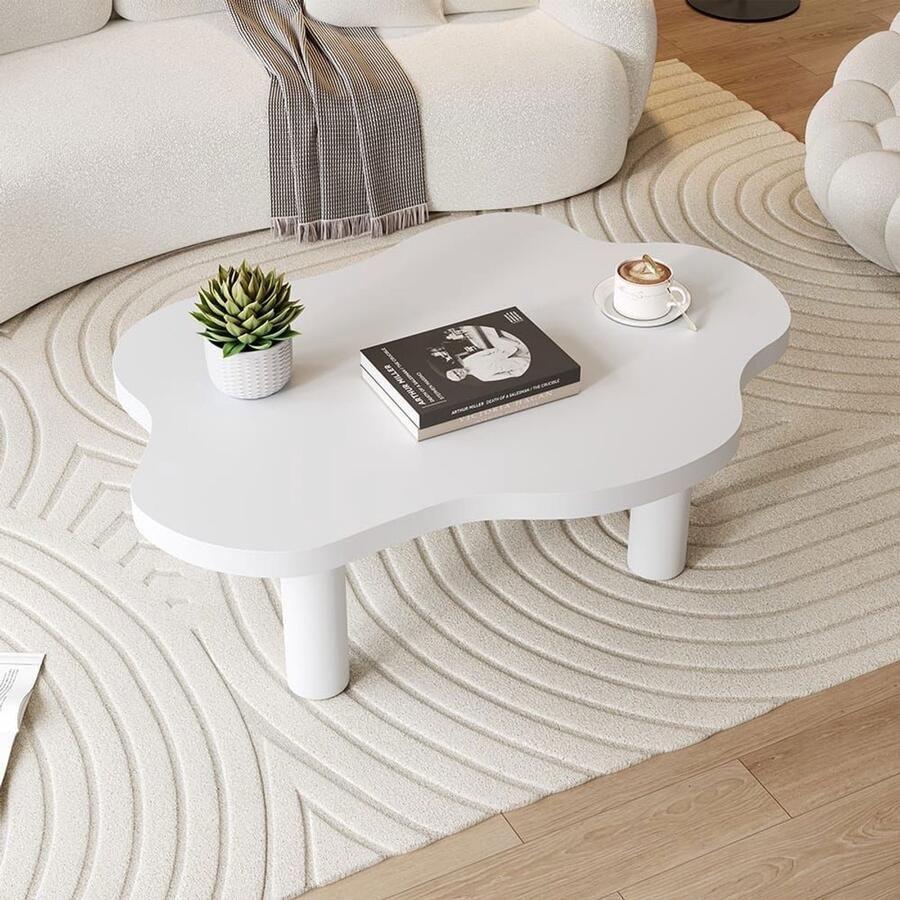 KOMHTOM salontafel witte salontafel voor de woonkamer onregelmatige salontafel in cartoonstijl voor binnen moderne bijzettafel met drie poten (wit)